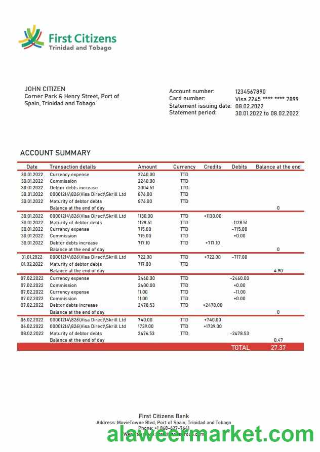 Trinidad and Tobago First Citizens bank statement